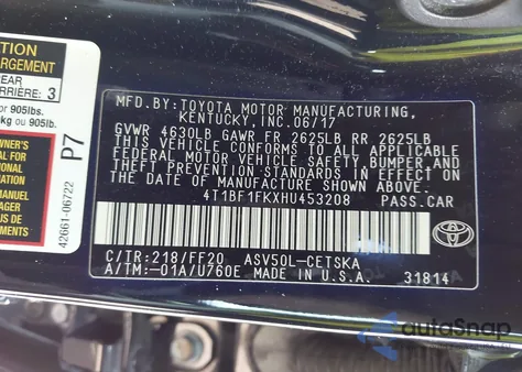 2017 Toyota Camry Se из США, поврежденный, VIN 4T1BF1FKXHU453208